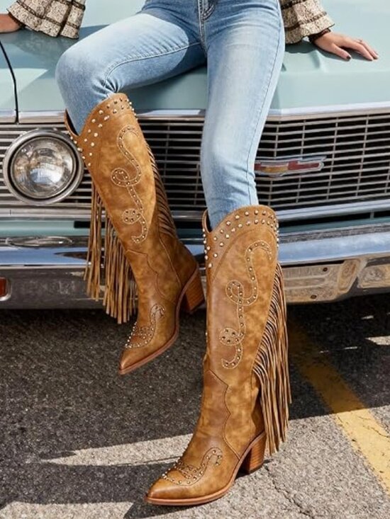 Shoes - Rhinestone Pointed Toe Fringe Cowgirl Boots
